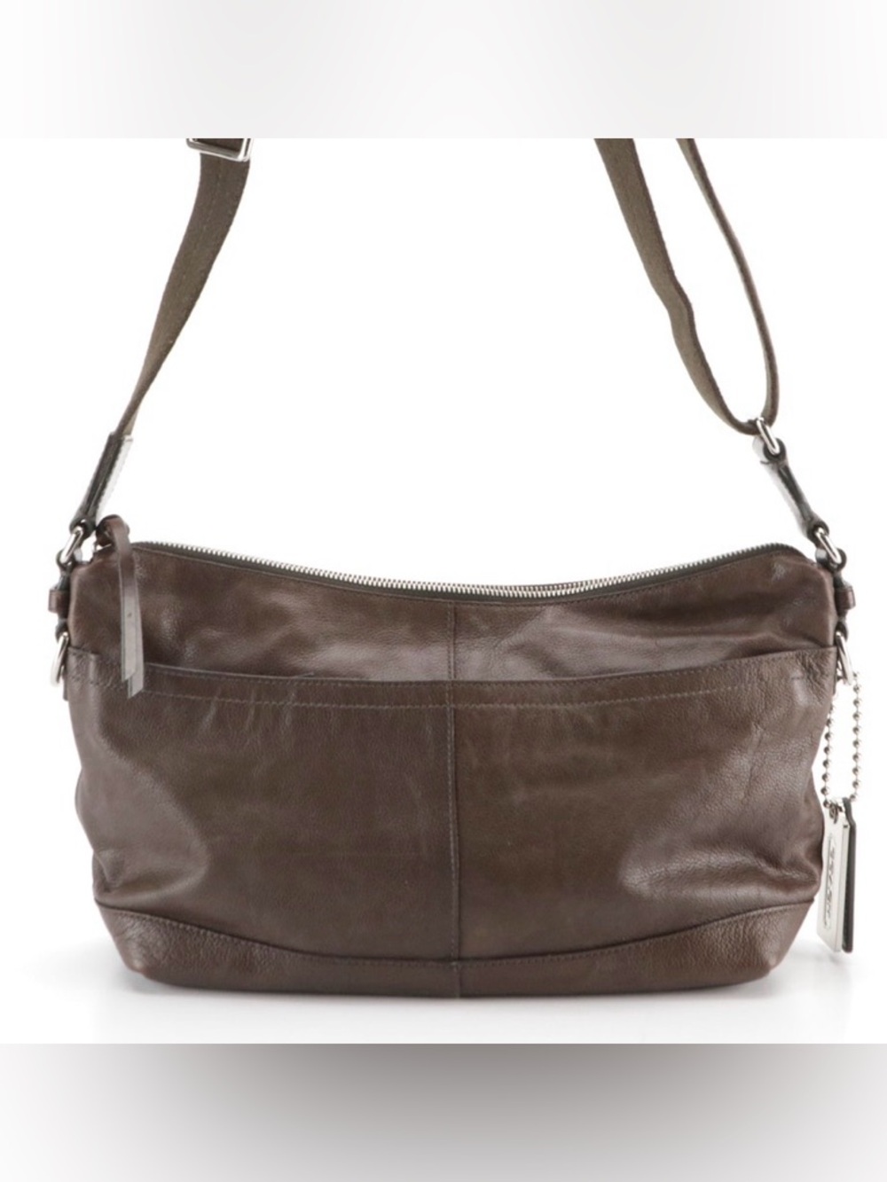 Coach Brown Pebble Grain Leather Web Strap Crossbody Bag